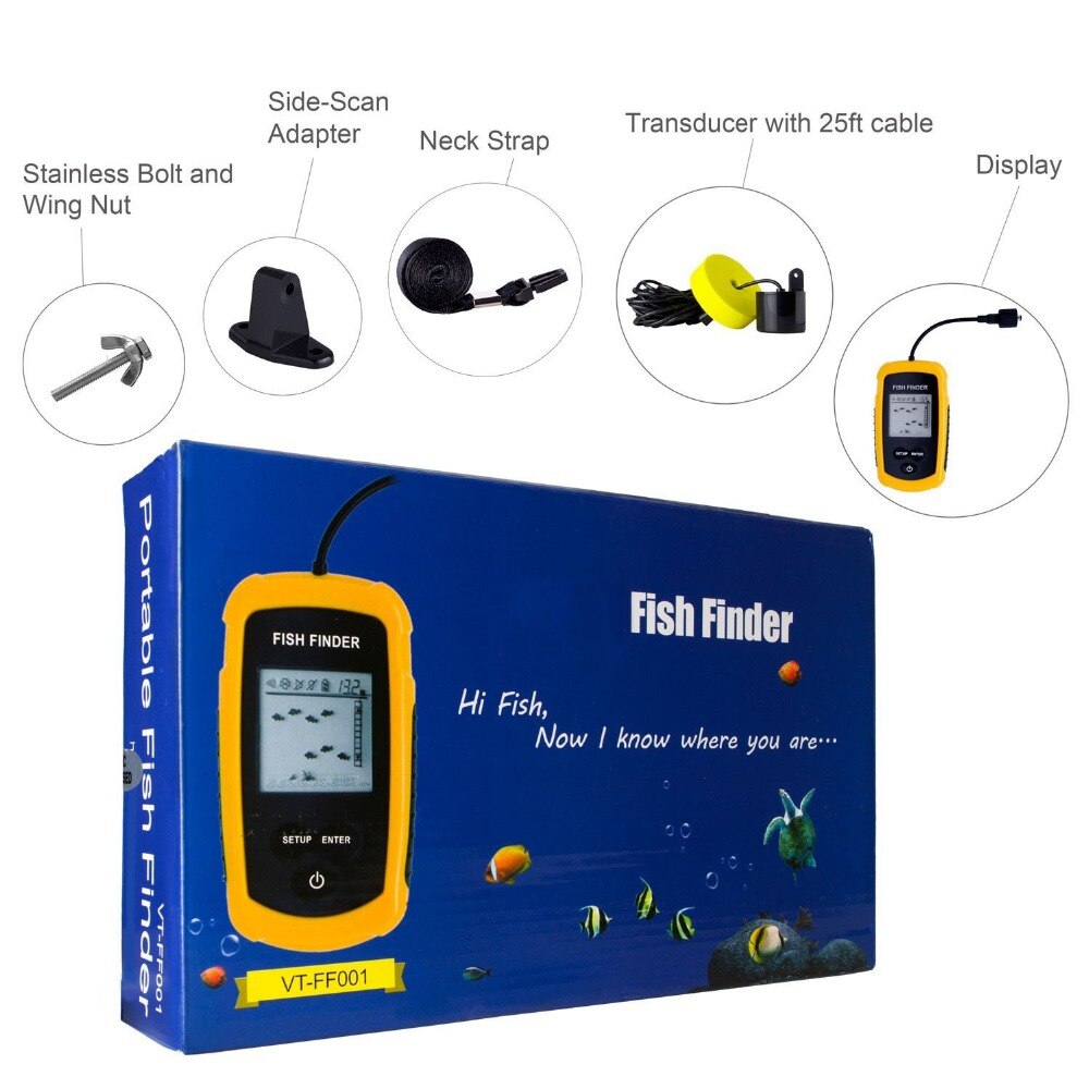 Portable Fish Finder Depth Sonar Sounder Alarm Transducer Fishfinder 0.7-100m Fishing Echo Sounder with English Display XNC