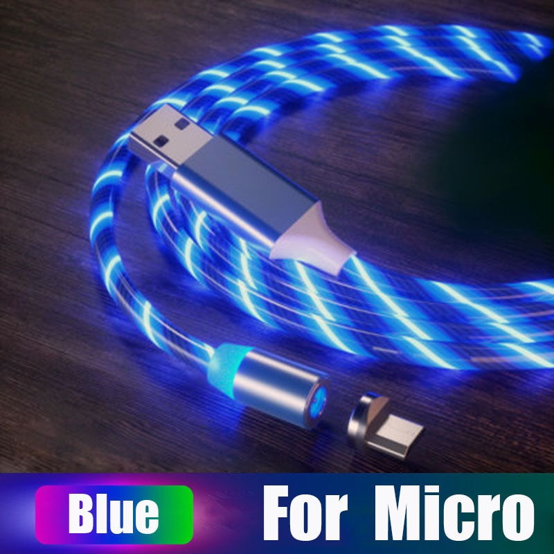 Lasaie Bunte Fließende Licht LED Magnetische Kabel Mikro USB Typ C Kabel Schnelle Ladung Magnetische Ladegerät Kabel für iPhone Xiaomi: Blau Pro Mikro / 2m