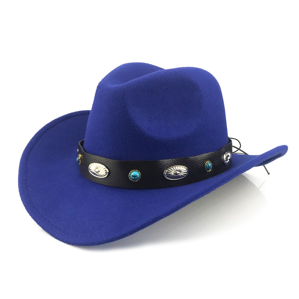 Yy retro vestlig cowboyhatt vinter med bredt metall pu lærbelte trilby caps menn kvinner rullebrett fedora jazz panama  yy20073: Blå cowboy retro