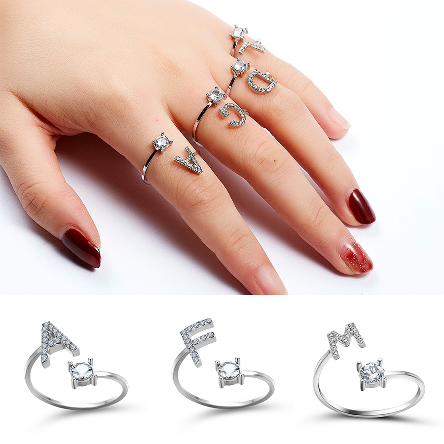 1pcs 26 Engels Letters A-Z Ringen Zilveren Kleur Strass Open Manchet Verstelbare Vinger Ringen Vrienden Paar Sieraden