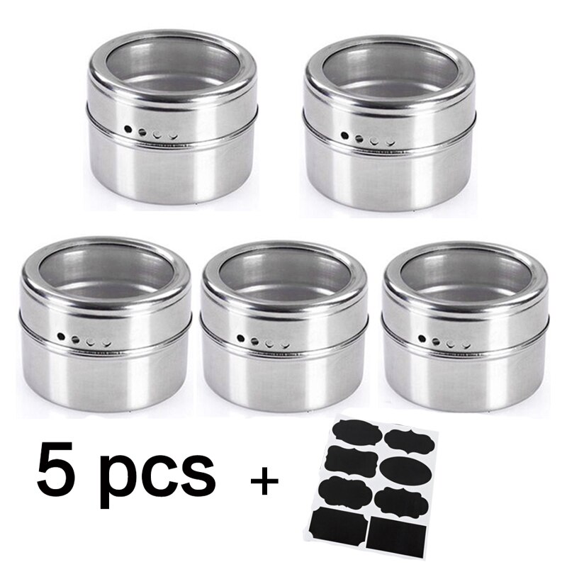 Ensemble de pots à épices magnétiques en acier inoxydable, support de stockage de bouteilles de condiments ménagers avec autocollants, outils de cuisine: 5pcs set