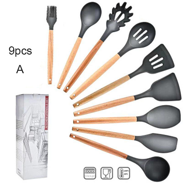 Køkkenredskaber i silikone køkkenredskaber sæt nonstick køkkengrej træhåndtag køkkenredskaber drejetænger spatel spoonyu-home: 9 stk. a