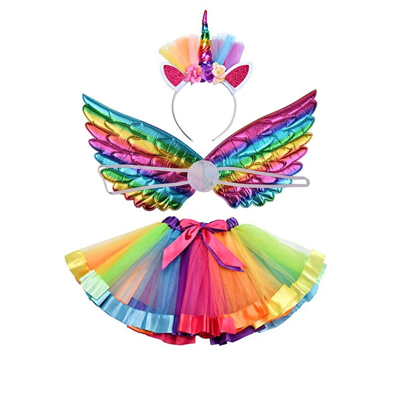 3pcs Rainbow Cute Kids Dress Up Princess Angel Wing Bling Unicorn Tutu Skirt Suit: Multicolor