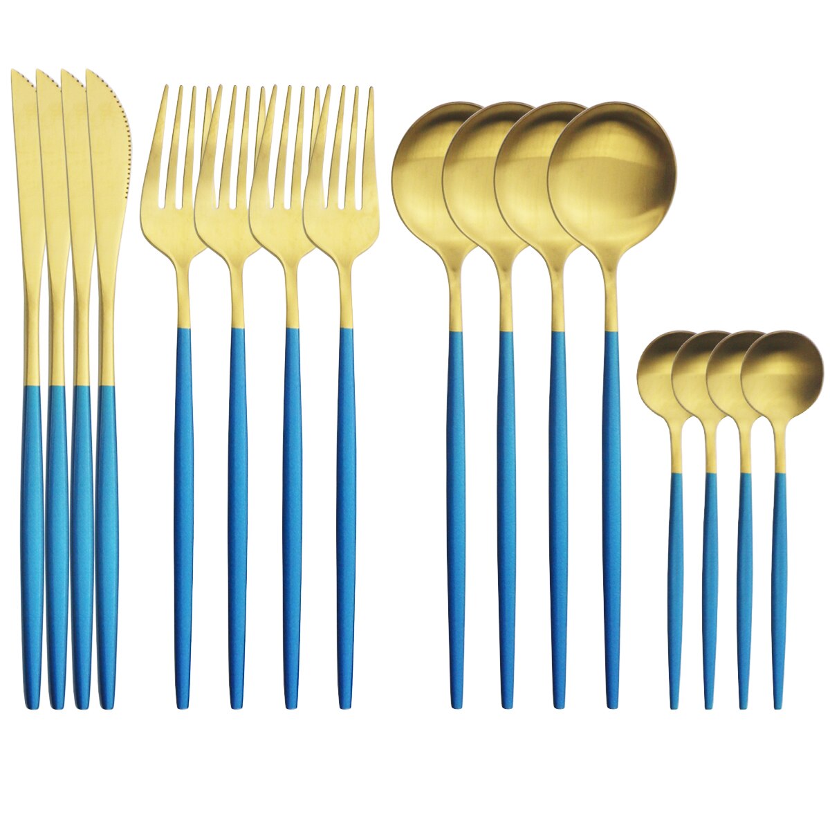4Set/16Pcs Red Gold Dinnerware Cutlery Set Western Knives Fork Tea Spoon Dinner Tableware Stainless Steel Kitchen Silverware Set: Blue Gold