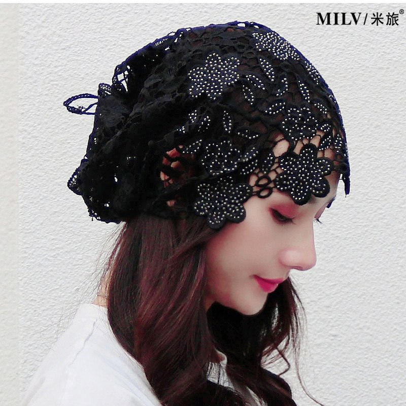 Spring Summer Hats For Women Lace Hollowed Crochet Flower Thin Beanies Skullies Ladies Headgear Turban Hat Female Bonnet