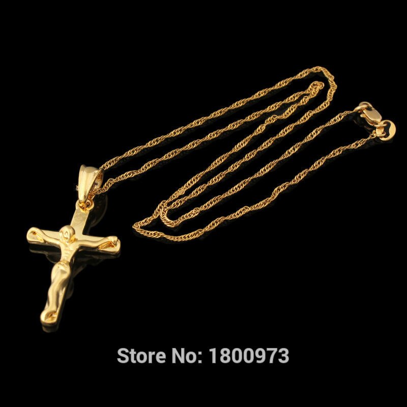 Jesus Cross Pendant Gold Color Pendant Necklace For Women Men INRI Crucifix Jewelry With 45cm 60cm chain