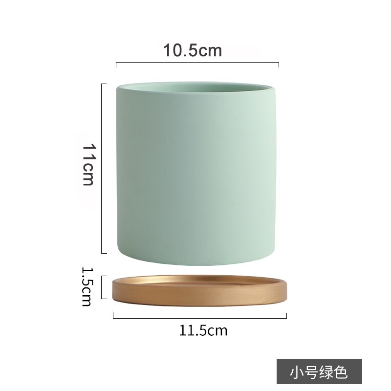 Eenvoudige, rechte, kleurrijke, cilindrische, keramische bloempot in europese stijl, vetplanten, bloemen, groene dillepot met gouden schaal: F-10.5cm