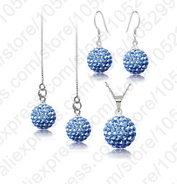 925 Sterling Silver Crystal Disco Ball Beads Necklace Earring Ear Thread Jewelry Set Trendy Jewelry: blue
