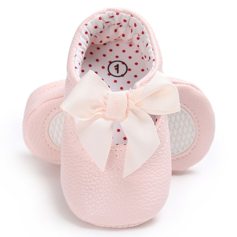 Zapatos de cuero a la para bebé niña, zapatos de princesa de niña pequeña con lazo de PU, sin cordones de 0 a 18 M