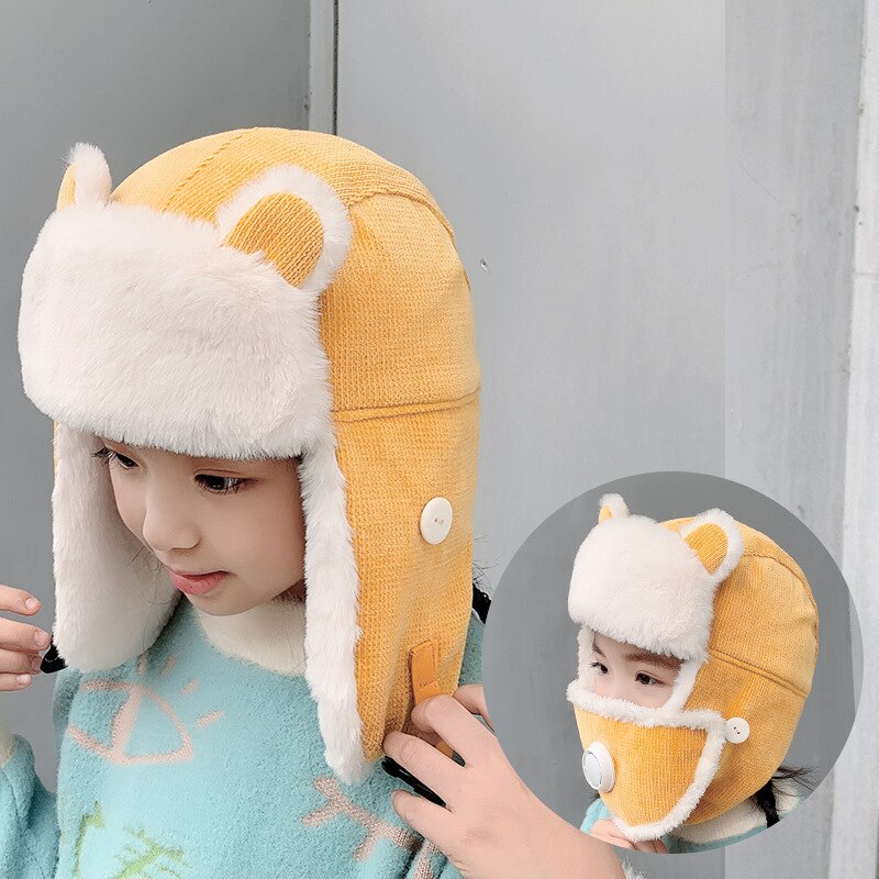 HT3382 Warm Russian Hat Kids Cute Ears Earflap Cap Boys Girls Winter Hats with Mask Children Windproof Russian Cap Bomber Hat