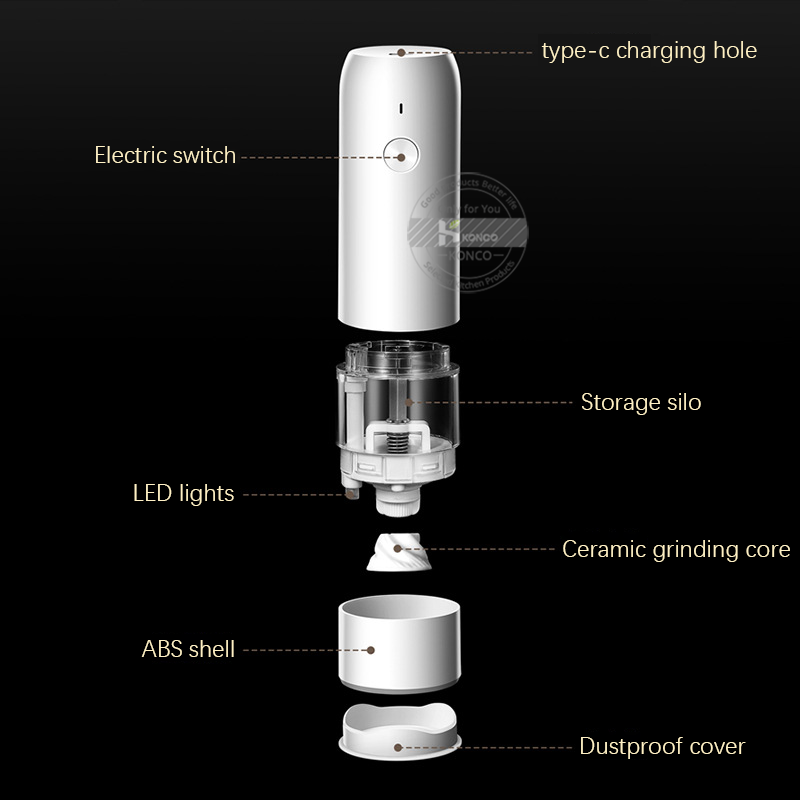 Electric Automatic Mill Pepper And Salt Grinder with LED Light USB Charging Spice Salt Pepper Grinder Adjustable Coarseness Mill
