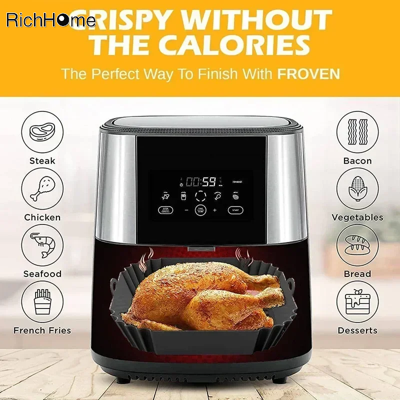 Silicone Air Fryer Pot Bandeja com Alça, Panela Quadrada, Forro Reutilizável, Acessórios de Cozinha, 1Pc
