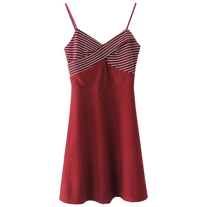 PERHAPS U red strap sleeveless v neck striped knitted cross mini short dress a line patchwork summer sexy D0467