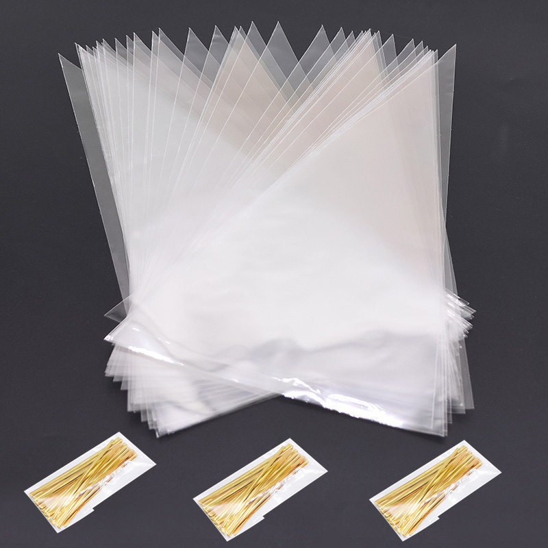 50Pcs 3 Maten Transparant Cellofaan Kegel Zakken Goud Twist Ties Seal Zakjes Clear Plastic Bags Voor Candy Cookies opslag