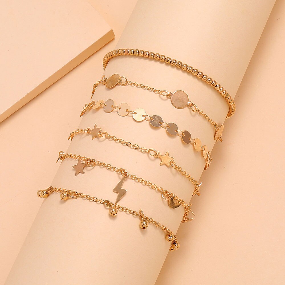 Modyle 6 stk ankel armbånd sæt boho smykke kæder uendelig runde charm armbånd guld kvinder kobber metal til kvinder ankel fod