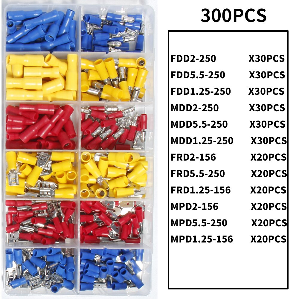 Diverse isoleret gaffel u-type sæt terminaler stik kit elektrisk krympespade ring blandet kabeltråd biltilbehør: 300 stk
