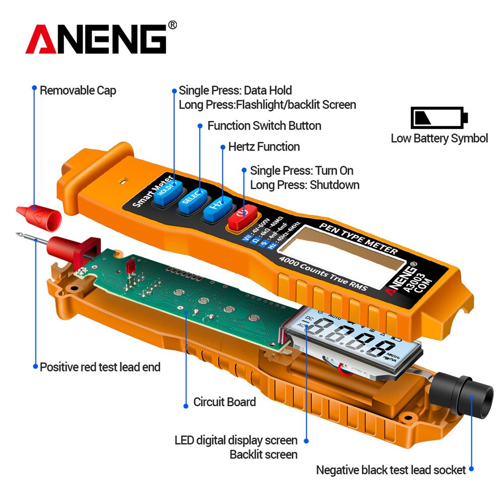 Aneng  a3003 digital pen multimeter 4000 tæller smart meter med ncv ac/dc spændingsmodstand kapacitans testere