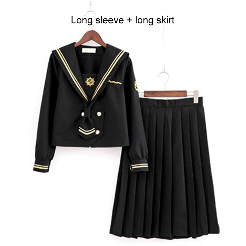 Girls Japanese School Sailor Uniform Long Short Sleeve Classic Navy Sailor School Uniforms High School Outfit Suit U013: Sets 01 / XXL