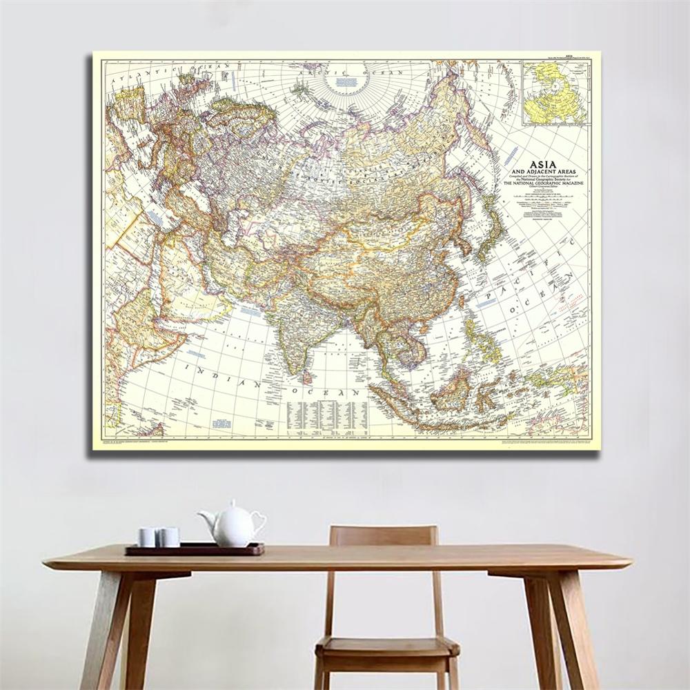 1951 Edition Vinyl Spray Painting HD Map of Asia And Adjacent Areas Living Room Wall Decor Map For Home/Office Art Crafts