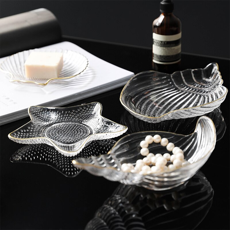 Jewelry Glass Plates and Bowls Set with Glod Rim Nordic Ocean Dessert Fruit Plate Jewelry Storage Tray Decorative Trinket Dish
