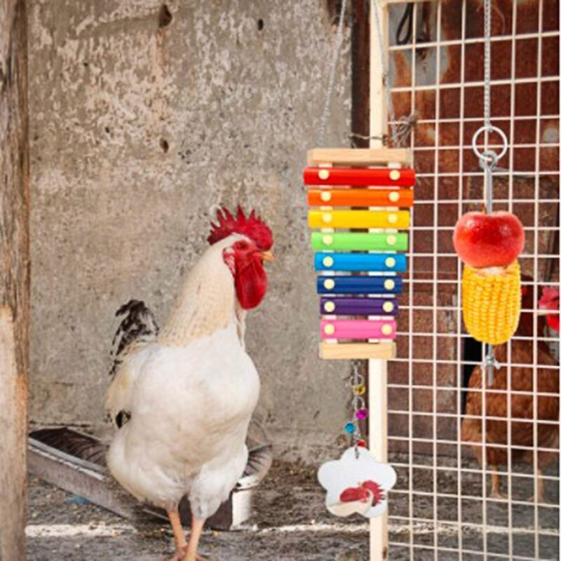 3 Stks/set Kip Speelgoed Xylofoon Met 8 Rijen Metalen Toetsen Spiegel Groente Opknoping Feeder Voor Hens Papegaaien Vogel Benodigdheden