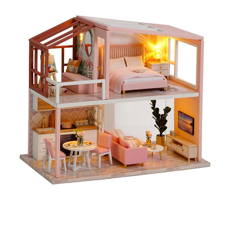 Casa de muñecas DIY para ensamblar madera, con muebles, puzle de apartamento nórdico, juguete para niños, de cumpleaños: QL003