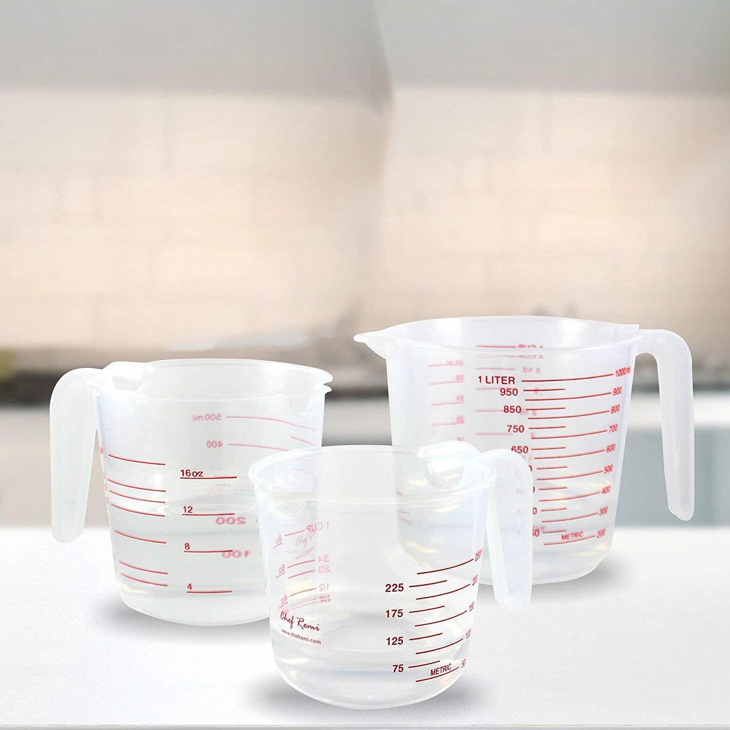 Juego de jarra medidora de plástico, vasos medidores grandes de 4 tazas, 2 tazas y 1 taza, capacidad libre de BPA, con agarre en ángulo, Kitc esencial, 3 uds.