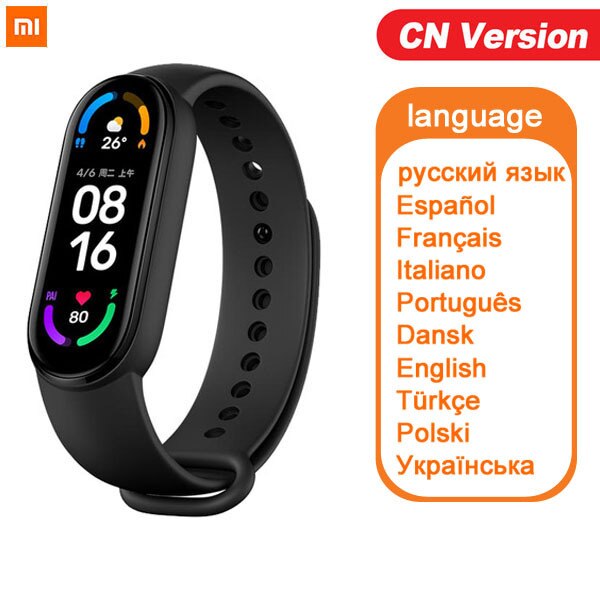 Xiaomi-pulsera inteligente Mi Band 6, dispositivo con control del ritmo cardíaco y del oxígeno en sangre, Pantalla AMOLED a Color de 1,56 pulgadas, Bluetooth, 5 colores: CN version Black