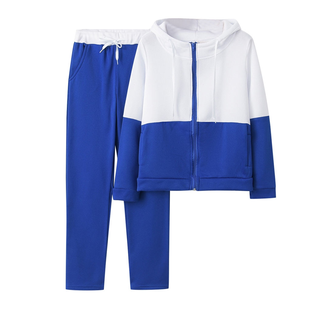 Vrouwen Effen Kleur Hooded Sweater en broek Trainingspak Sport Pak: Blauw / XL