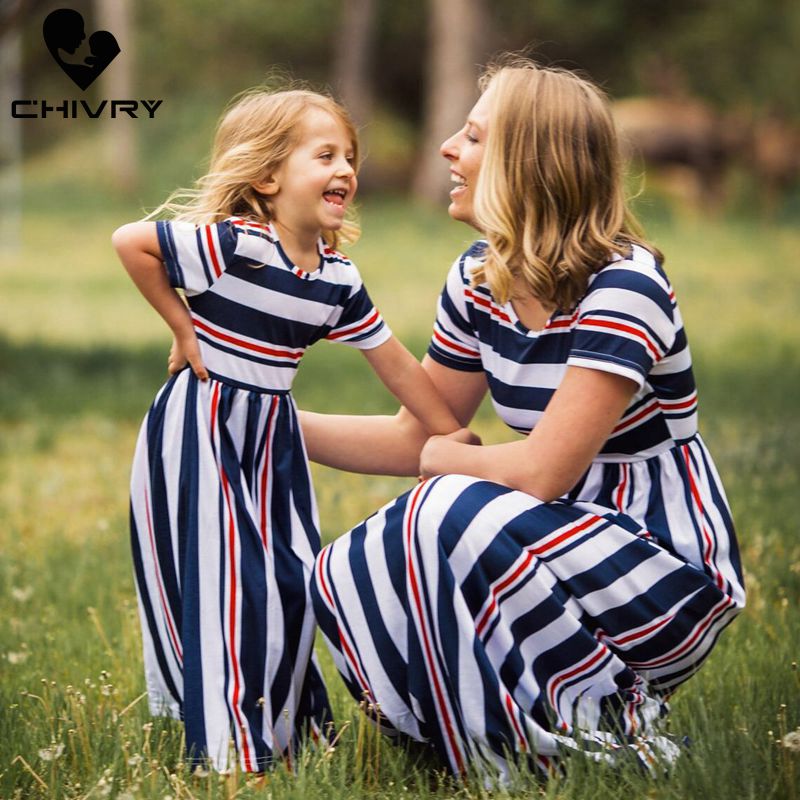 Chivry Moeder Dochter Jurken Korte Mouw Gestreepte Lange Maxi Jurk Moeder En Dochter Jurk Familie Bijpassende Outfits Kleding