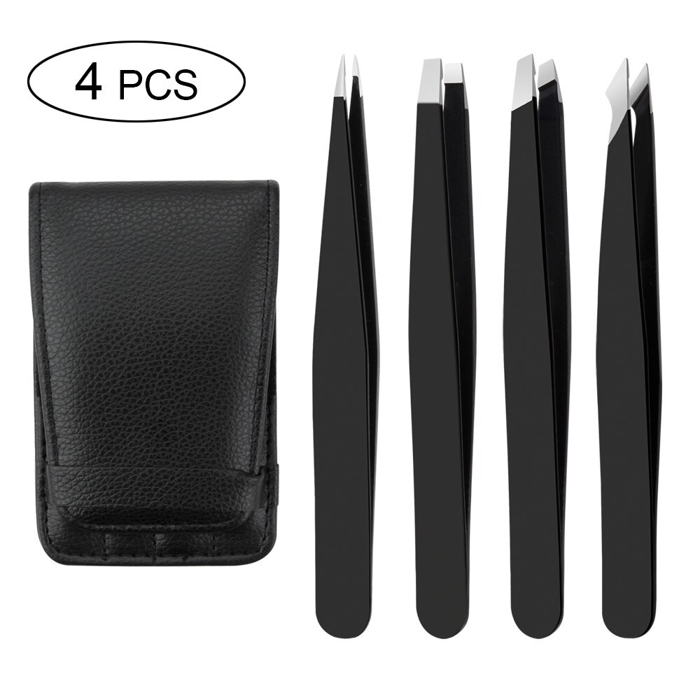 Pinzas para cejas de acero inoxidable, Punta inclinada, punta plana, herramientas cosméticas profesionales, 1/4/5 Uds.: 4pcs Black