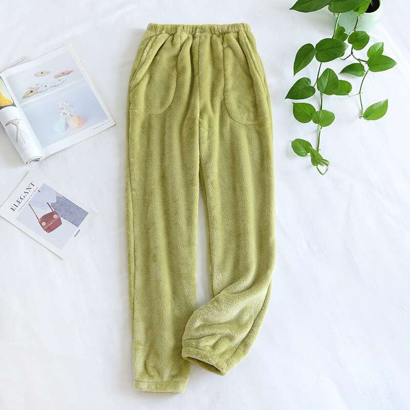 Pijamas de franela de pierna cerrada para mujer, pantalones cálidos para el hogar, Color sólido, holgados y Pijama gruesa, franela femenina