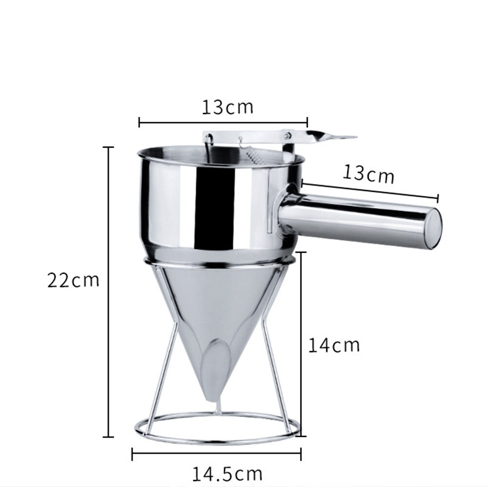 Funil cônico do distribuidor da massa da panqueca do funil da massa com suporte do molho do creme do gotejamento do funil prata