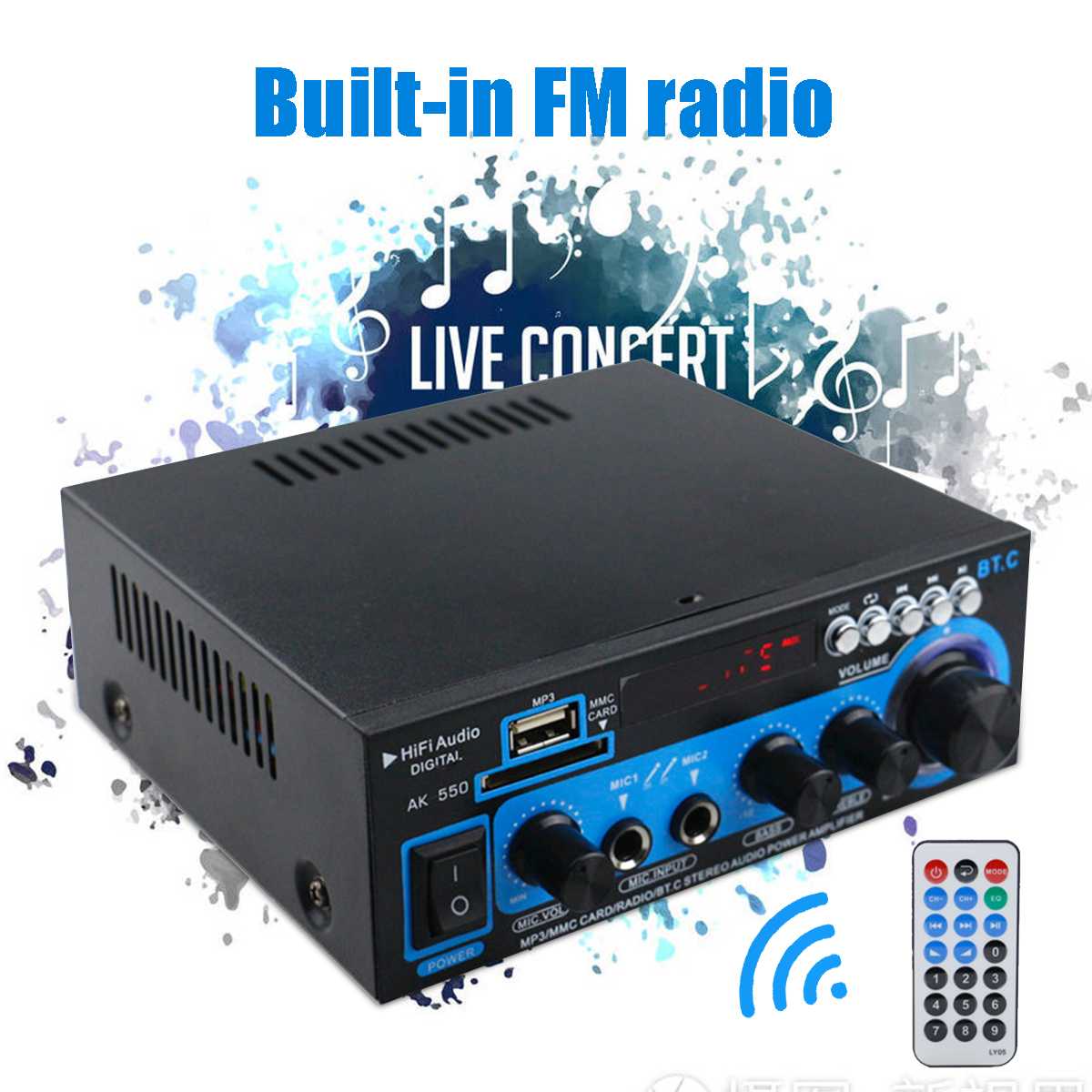 HIFI 2CH 800W Power bluetooth Audio Amplifier 12/220V Home Theater Amplifiers Audio with Remote Control Support FM USB SD Card