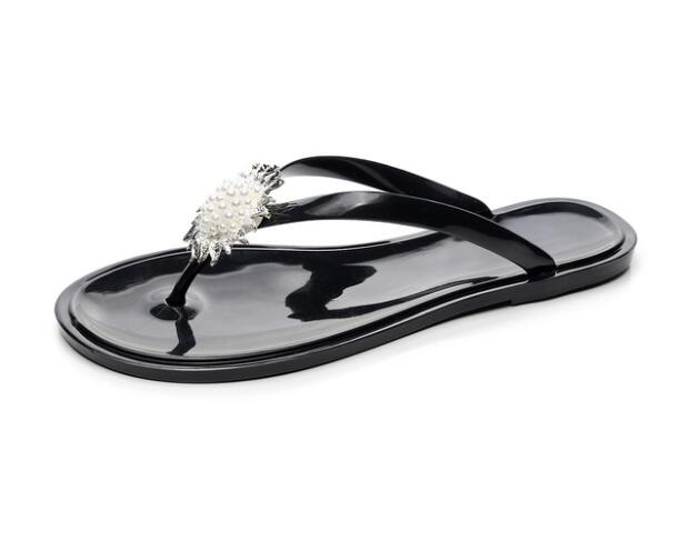 Tongs d'été pour femmes, chaussures en gelée transparentes et claires, pour femmes, chaussures de plage avec fleurs et perles, pantoufles d'extérieur: Black / 9.5