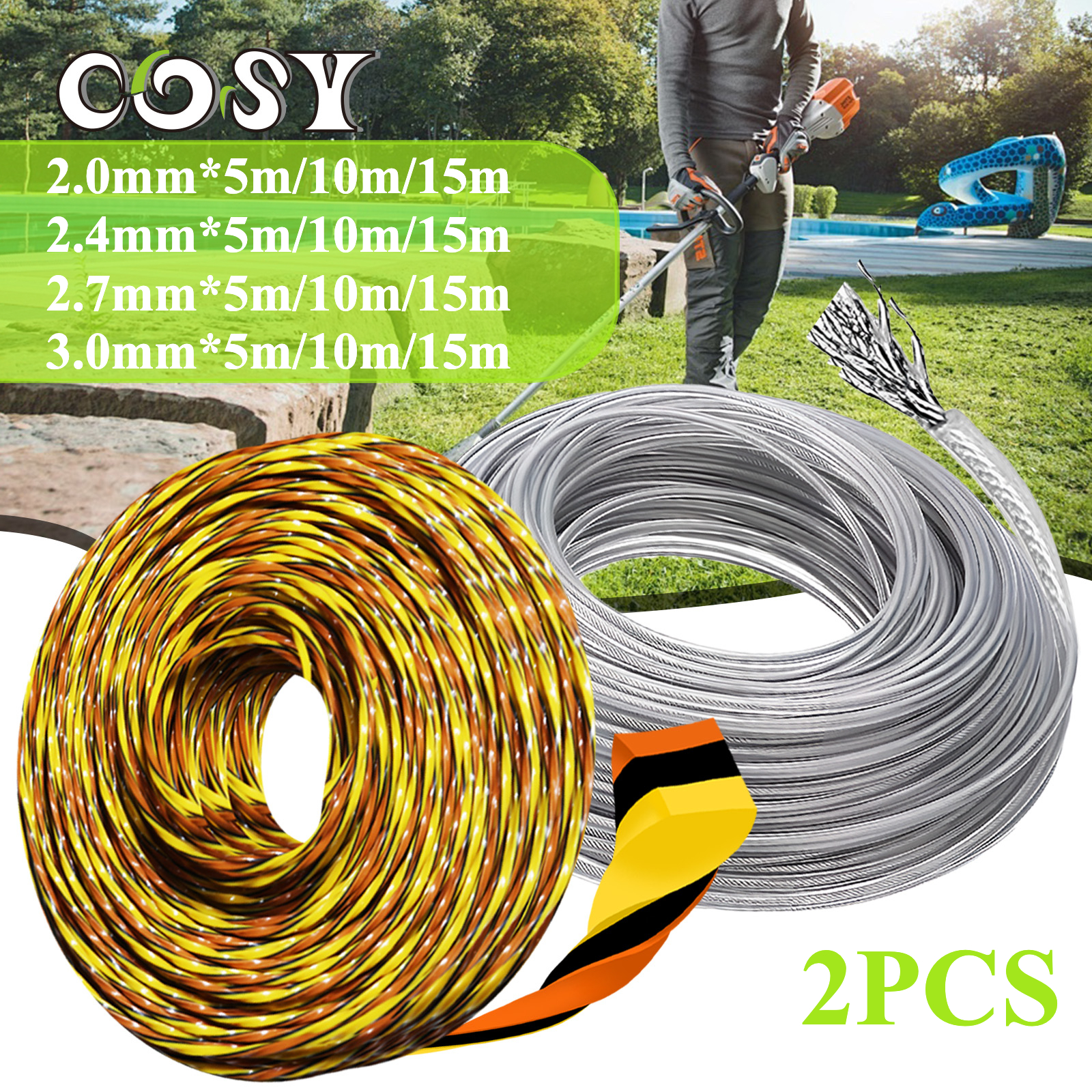 2PCS 2.4/2.7/3.0mm*15m Round Trimmer Steel Nylon Wire Rope Cord Line Brush Cutter Long Grass Replacement Lawn Mower Accessories