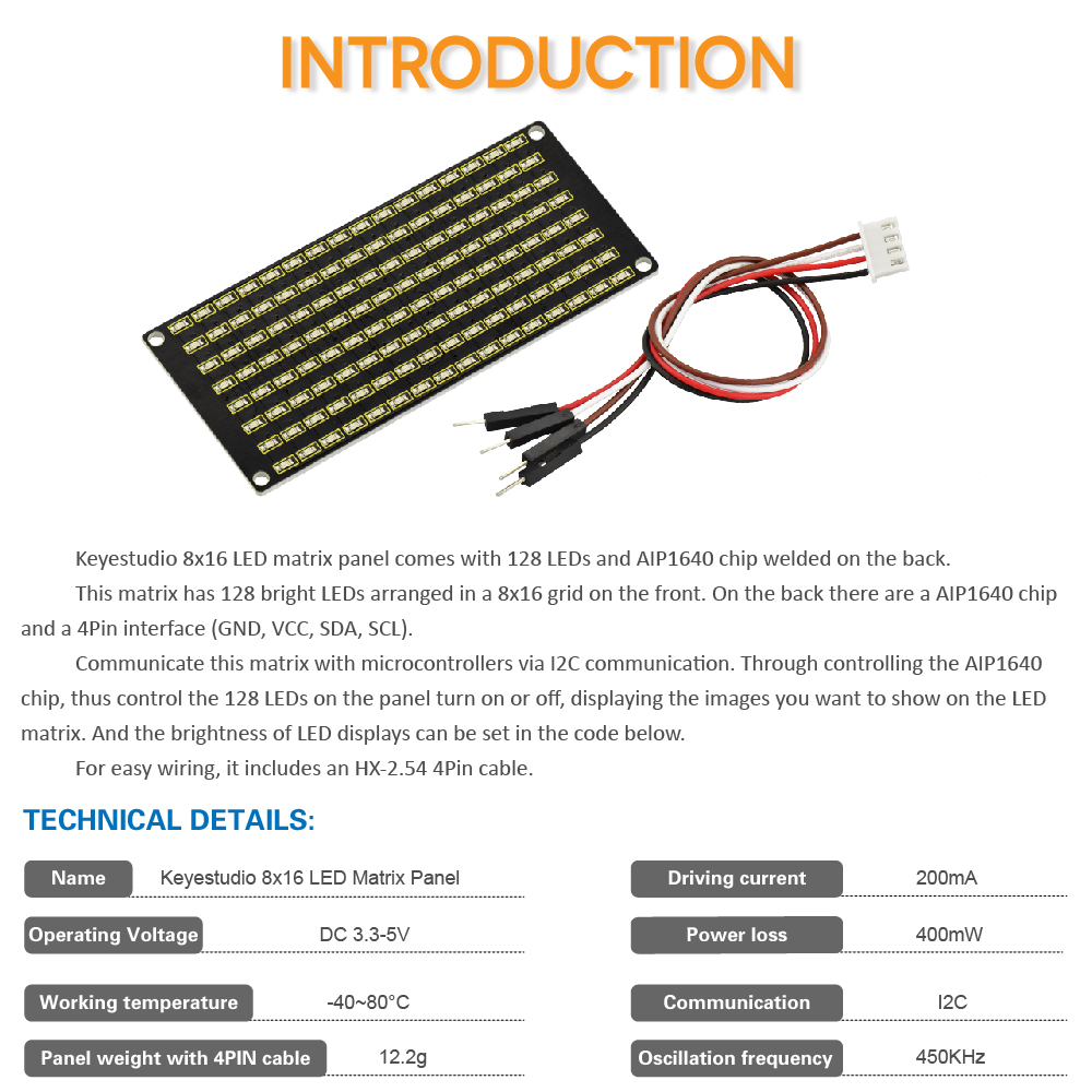 Keyestudio 8X16 Led Dot Matrix Board Module Met Ph 2.54 Connector + 4Pin Kabel Voor Arduino