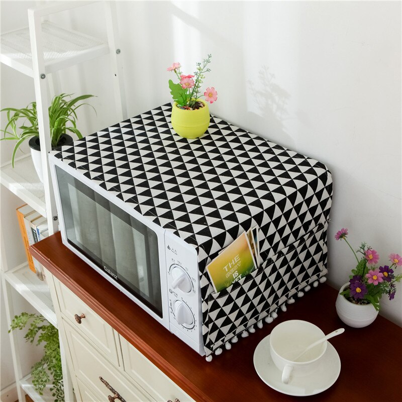 1PC 30*90CM Microwave Cover Microwave Oven Hood Oil Dust Cover with Storage Bag Kitchen Accessories Supplies Home Decoration: black and white