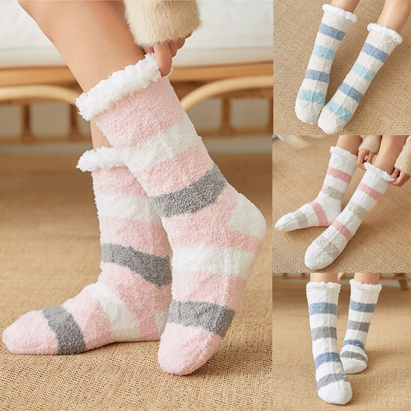 Dames zoete pantoffels sokken antislip print streep winter warme polyester huissokken dames zachte thermische vloer badstof sokken