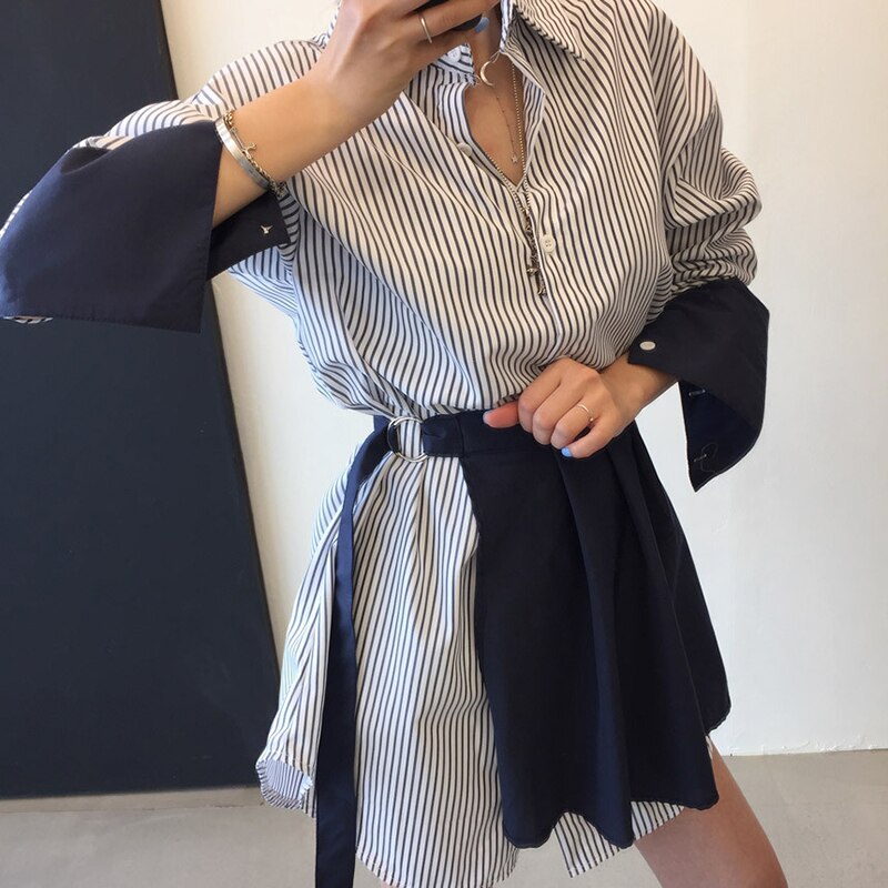 Superaen koreaanse stijl turn-down kraag enkelrijs losse contrasterende kleur volle blouse gestreepte jurken dames