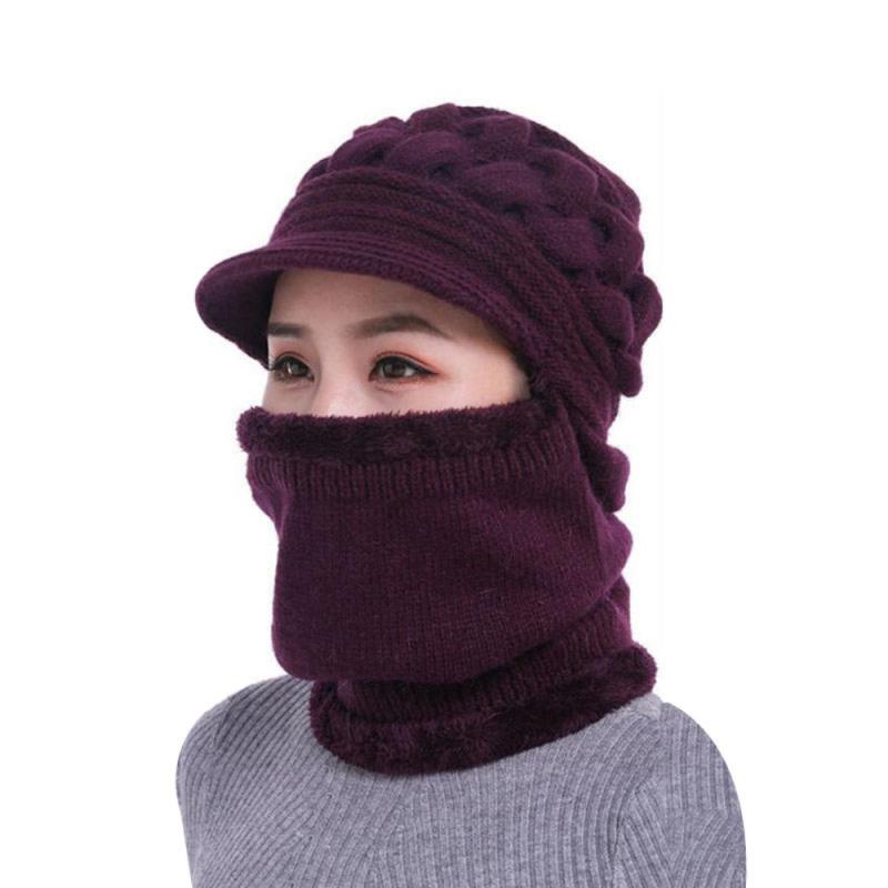 Women Bib Beanie Hat Pom Bobble Scarf Mask Ear Set Knitted Winter Warm Snow Ski Cap Thicken Plus Velvet Warm Scarf Knitted Hat: 03