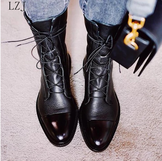 Lakleer Britse Stijl Platte Laarzen Zwart Wees Teen Laarzen Knappe Motorlaarzen Vrouwen Botas Zapatos Mujer