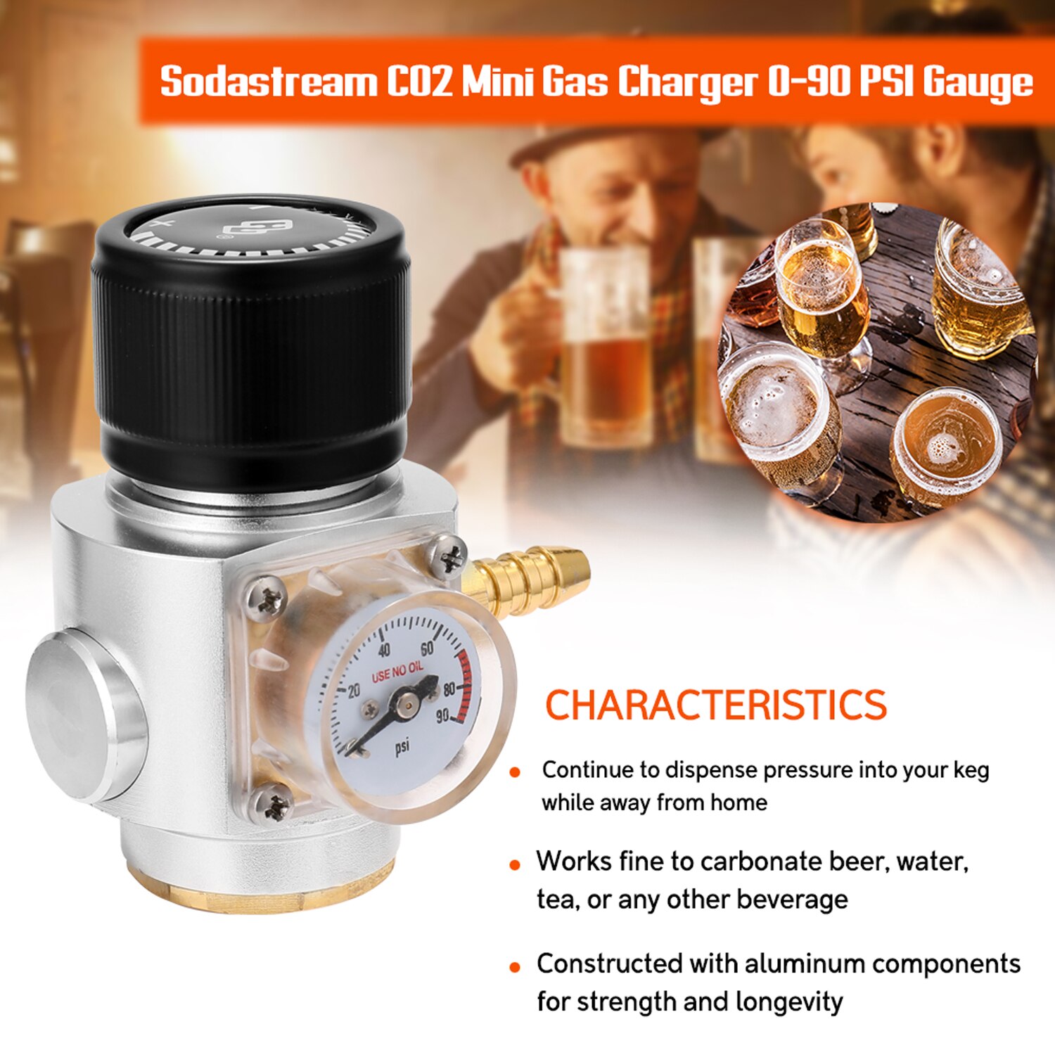 Sodastream  co2 mini gas oplader 0-90 psi trykmåler automatisk øl beholder til sodavand øl kegerator