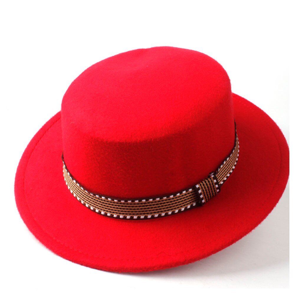 Men Women Flat Fedora Top Hat With Belt Wool Trilby Hat Pork Pie Hat Jazz Hat Size 56-58CM: Red