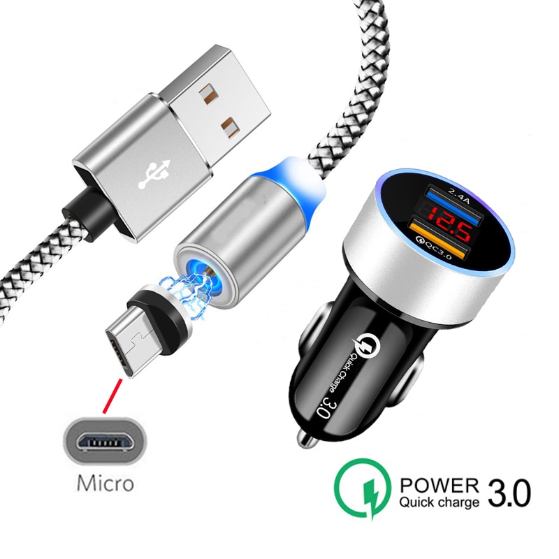 Dual USB Quick Charge 3.0 Car Charger Magnetic Micro USB Cable For Huawei Honor 8X 8S 8A 8C 7X 7S 7A 7C 6X 5X 6C Phone Charger