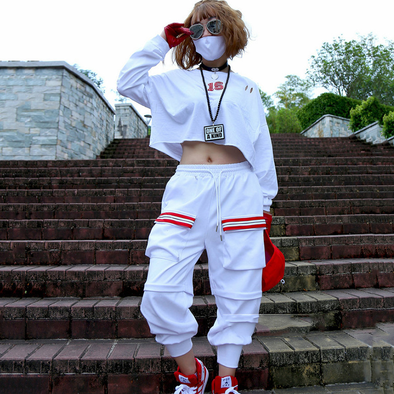 Hip Hop Dance Costume White Long Sleeve Shirt Pants Adult Street Dancing Clothes Jazz Dancer Stage Outfit Rave Wear Women DT1057