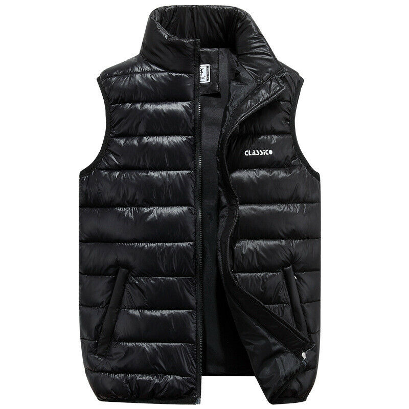 4 Colors Men Casual Sleeveless Vest Top Coat Male Padded Vest Jacket Quilted Outwear Tops Zip Up Waistcoat Outfits Plus Size: Black / XXXL