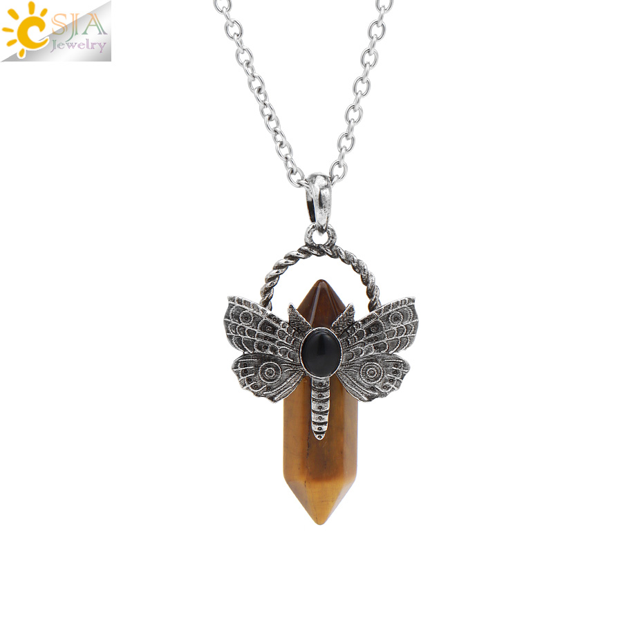 Collar de libélula, colgante de cristal de piedra Natural, fluorita curativa, labradorita, cristal blanco, labradorita, amatistas, joyería H479: Pistola negra plateada