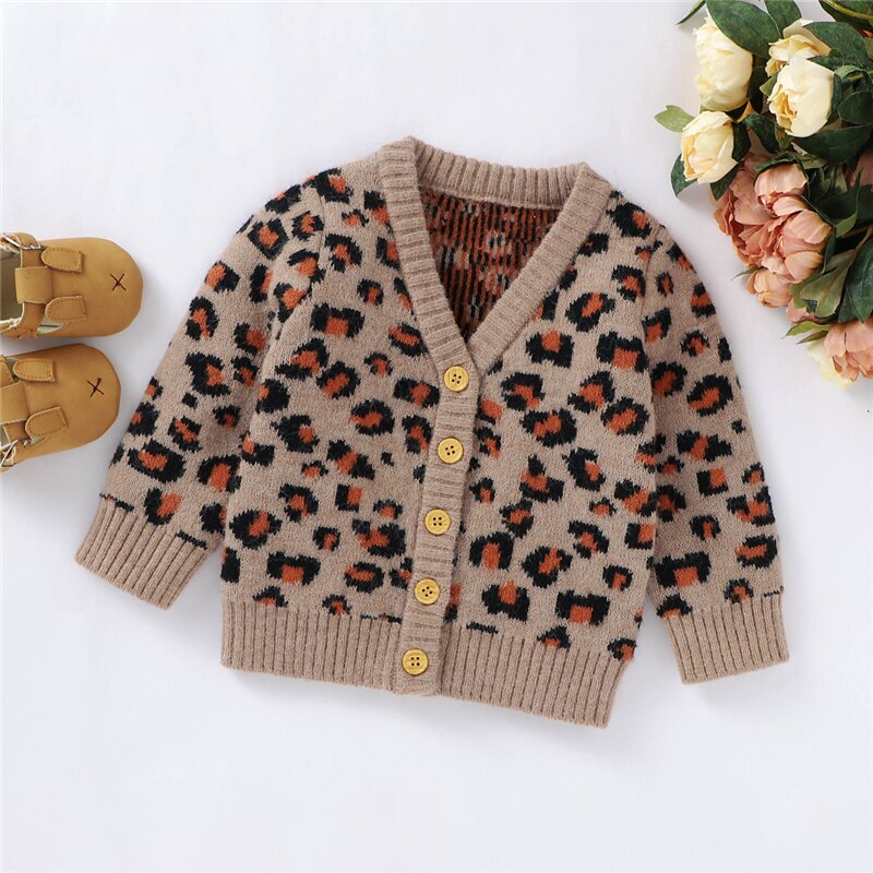 Baby Girl Sweater Leopard Print Coat V-neck Single Breasted Knitted Cardigan Tops Kids Casual Tops Autumn Winter Girls Sweaters