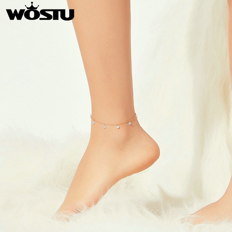 WOSTU Thin 925 sterling Shiny Chains Anklet For Women Girls Friend Foot Jewelry Leg Bracelet Tobillera de Prata